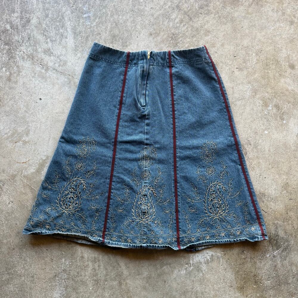 Vtg 1990s Liz Claiborne Denim Skirt Embroidered Accents Womens Size 2 Petite - Picture 2 of 7